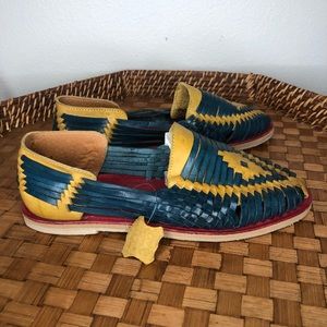 Espiritu Huarache Leather woven flats navy yellow flats casual summer beach boho